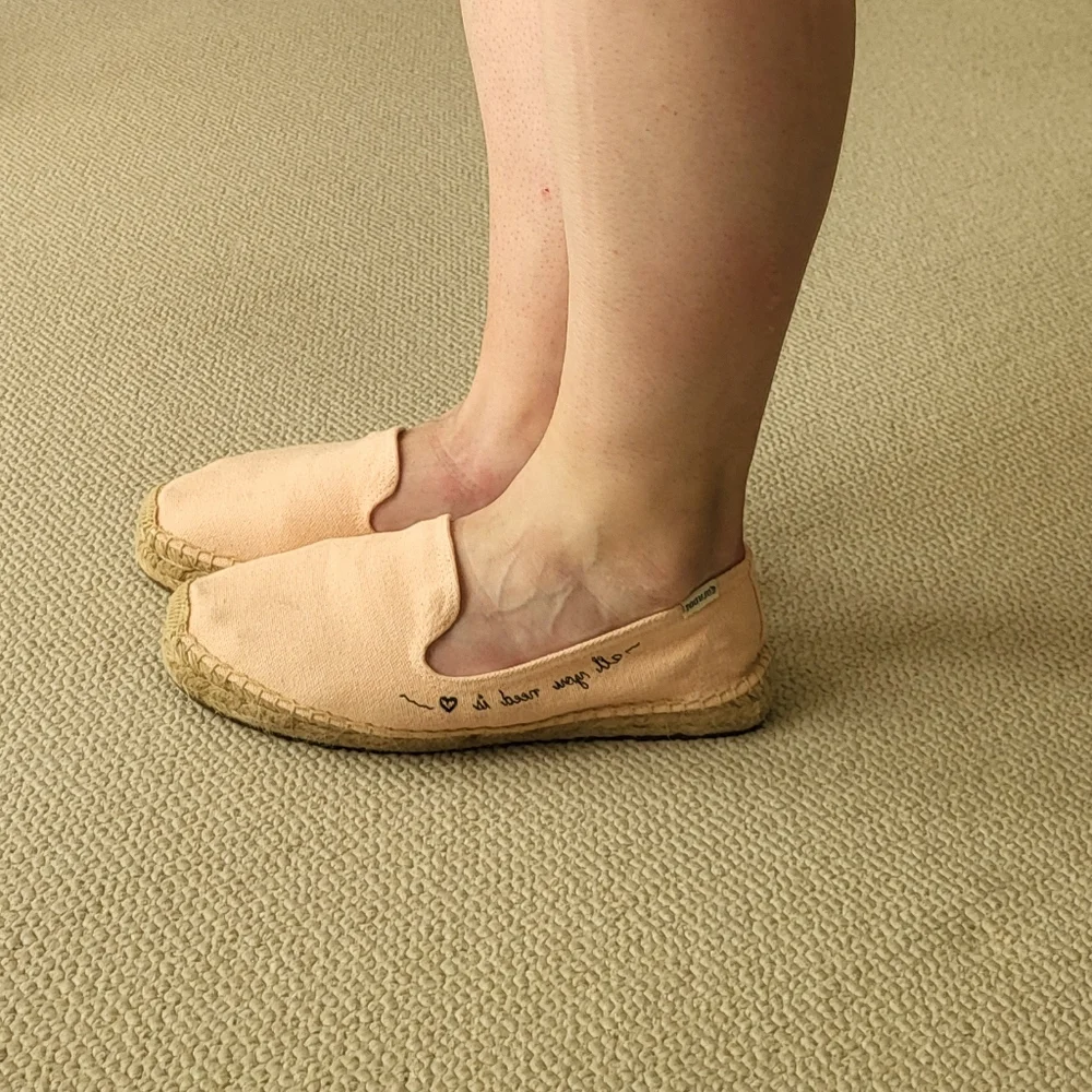 Soludos Pink Canvas Slip-On Espadrilles with Script Detail